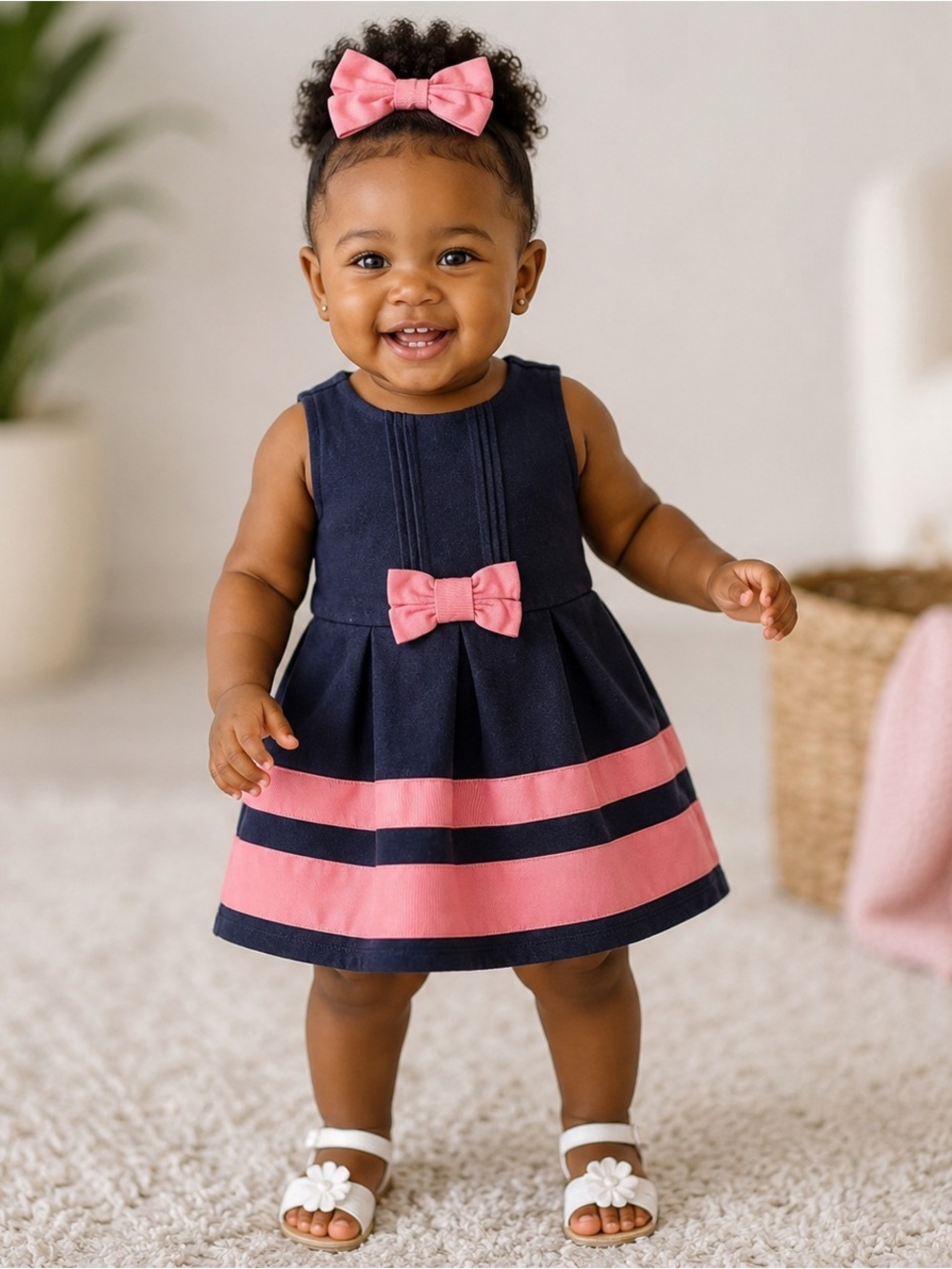 Janie & Jack Girls Navy Blue & Pink Striped Dress With Bow 18-24 Months